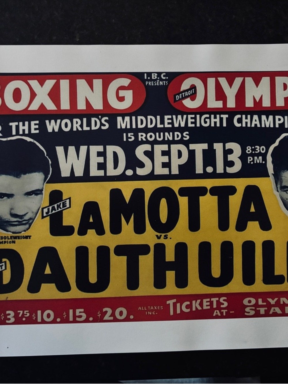 Vintage Boxing Poster Print - Yellow, Black, Red The Bronx Bull Jake Lamotta